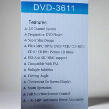 Load image into Gallery viewer, Sleek DVD-3611 DVD Player with high-quality video output and easy-to-use controls for home entertainment
