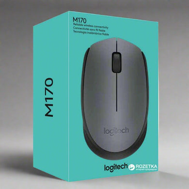 Logitech M170 Wireless Mouse in gray with a compact, ambidextrous design, featuring a USB receiver for plug-and-play connectivity, shown on a clean white background.